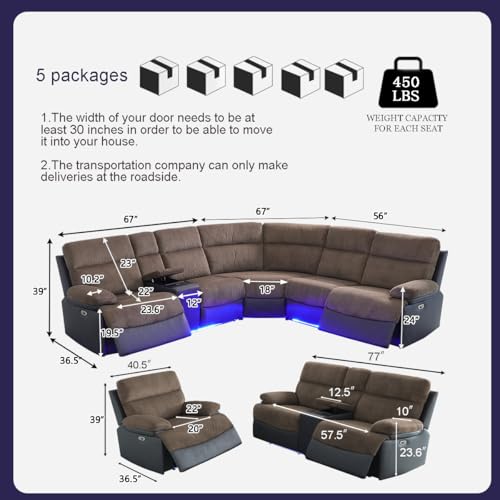Image of Corduroy Power Recliner Sectional Sofa Set with LED Light,L Shaped Corduroy Sectional Set with 5 Recliner Seats,Modular Sofa and Loveseat with USB Port for Living Room Furniture