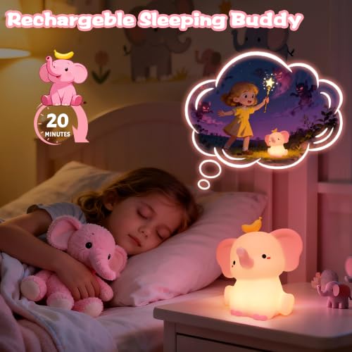 Image of OkiyiD Pink Elephant Lamp, Cute Silicone Night Light, Dimmable Animal Nursery Night Lights Bedside Touch Lamp, Elephant Gifts for Bedroom Decor