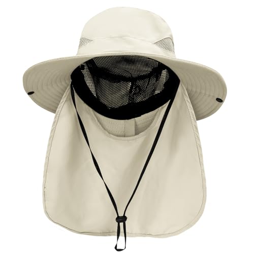 PFFY Sun Bucket Hats for Men Women 3” Wide Brim UPF 50+ Fishing & Beach Hat Beige (with Neck Flap)