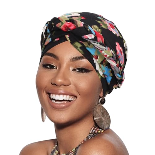 Image of DRESHOW Turban Pre-Tied Twisted Hat Thread African Head Wraps for Black Women Chemo Cancer Cap Braid Hair Cover