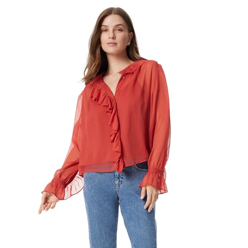 Sam Edelman Jasleen - Camiseta de Manga Larga con Volantes y Botones Frontales para Mujer, Especias Tandoori, M