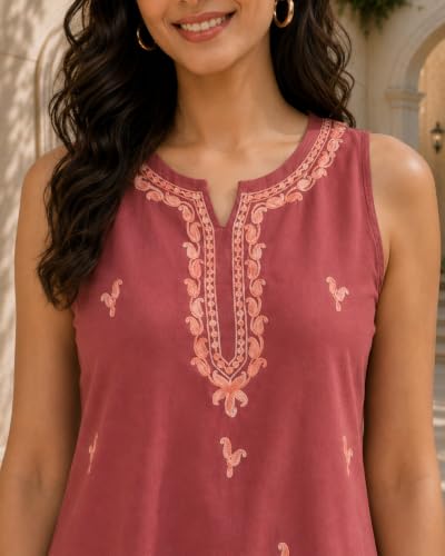 Image of QAZMI Women's Laiba Kashmiri Embriodered Sleeveless Short Kurti
