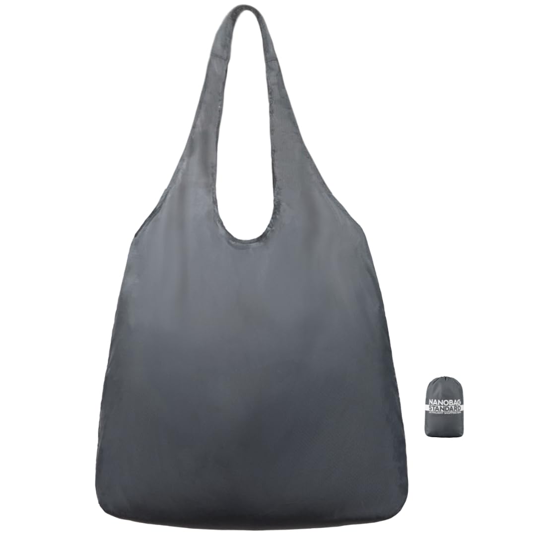 Nanobag Ultralight Foldable Tote for Women & Men, Reusable Grocery & Travel Bag, Packable Collapsible Compact Market Essential (Standard Gray)