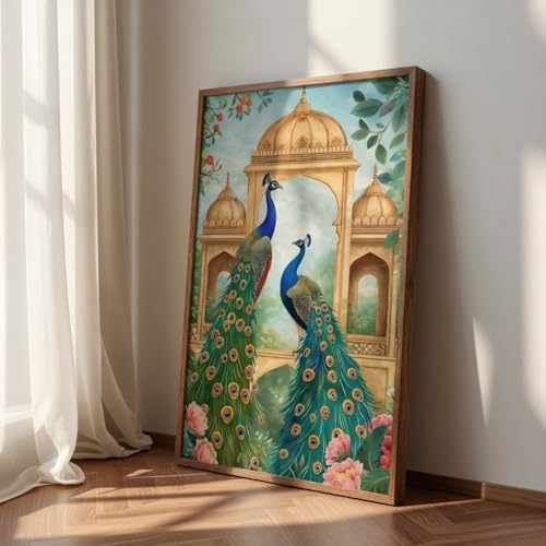 Livin'luxe Royal Peacock Palace Wall Art with Wooden Frame | Traditional Indian Bird HD UV Laminated Print on MDF | Elegant Floral Home Decor for Living Room Bedroom Office 13.5 x 19.5 Inch