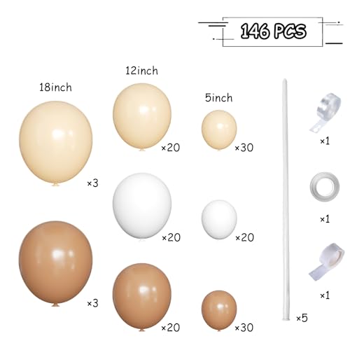 Image of MEBAY Boho Balloons Garland Arch Kit, 146 Pcs Brown Nude White Balloons Different Sizes for Girls Baby Shower Garden Tea Party Bachelorette Birthday Wedding Decorations