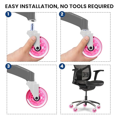 Image of Office Chair Wheels - Set of 5 Rollerblade-Style Caster Wheels, Smooth & Quiet Rolling, Protects Hardwood Floors & Carpets, Universal Fit, Durable and Long-Lasting - Pink