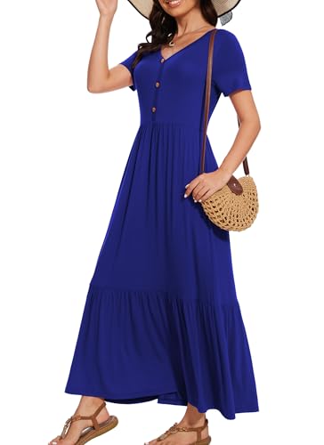 Image of VIISHOW Women's Short Sleeve Maxi Dress 2026 Summer V Neck Knit Loose Plain Empire Waist Casual Dresses with Pockets