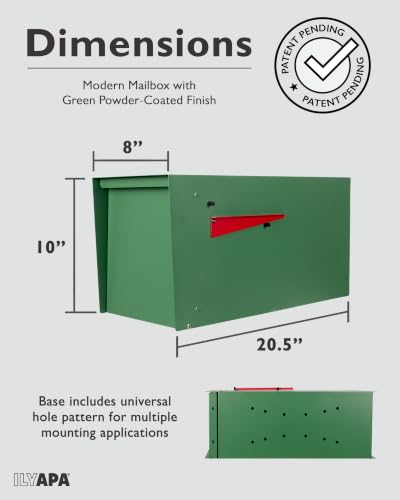 Image of Ilyapa Modern Mailbox for Outside Post Mount - Green Powder Coated Metal Mailbox, Waterproof Letter Box for Parcels, with Recessed Magnetic Close Door