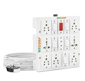 Extension Board Heavy Duty Box 6A 10A 13A with Thermal Protection 8 Way Socket 5 Switch (3500W) Surge Protection with 15 Meter Long Cable Cord Wall Mount (White)