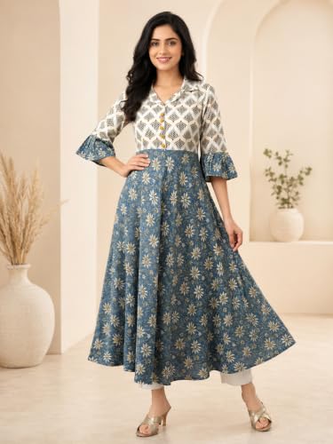 Image of Yash Gallery Women's Viscose Rayon Relaxed Fit Anarkali Floral Kurta