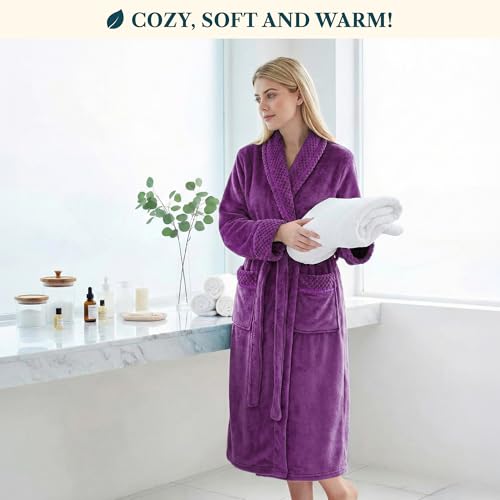 Image of PAVILIA Women's Plush Fleece Robe, Soft Cozy Long Bathrobe with Satin Waffle Trim, Warm Lightweight, Pockets & Tie Belt