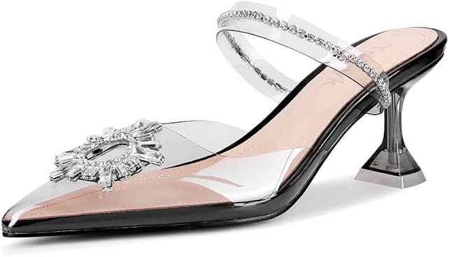 TRKYYK Women's Black-2.95" Heels Shoes,Pointed-Toe Crystal Rhinestones Wedding Shoes High Heel Backless Sandals Sunflower Black-2.95" Size 7