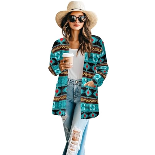 Image of Women's Aztec Open-Front Jacket Lightweight Casual Outerwear Native Western Aztec Pattern & Plaid Houndstooth Print