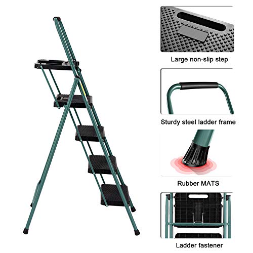 4 Step Folding Ladder With Wide Anti-Slip Pedal Portable Lightweight Foldable Ladders Steel Step Stool With Tray With Non-Slip Feet For Kitchen Garden, Green #TOP7