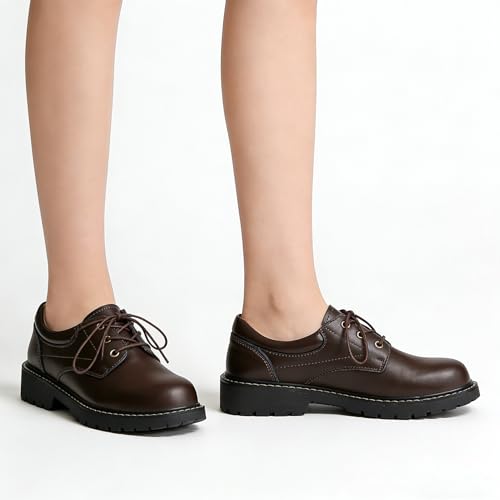 Image of Black Women's Oxford Shoes, Non Slip Work Office Dressy Brogue Shoes | Classic Smooth Leather Lace Up Oxford Brogues, Lightweight Comfort Platform Uniform Shoes for Business School Daily Wear