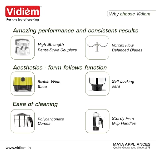 Image of Vidiem Victor Mixer Grinder for kitchen 600 Watt | 3 Stainless Steel Jars | Wet & Dry Grinding | Mixer for Masala, Chutney & Batter | Compact & Durable Kitchen Appliance | Green