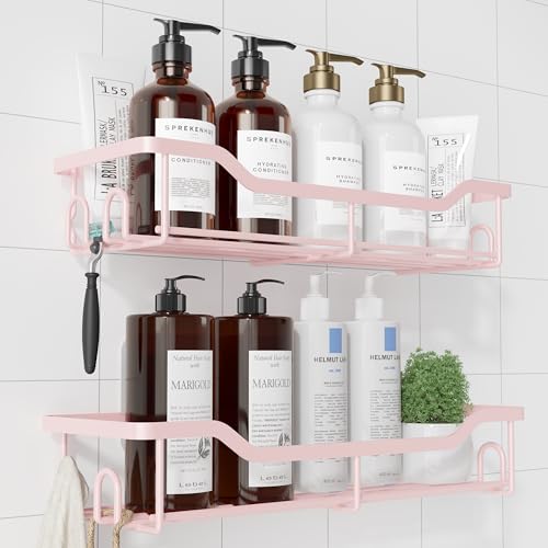 Image of Kitsure Shower Caddy Large - Adhesive Shower Organizer, Stainless Steel Shelf for Inside Shower, No Drill Bathroom Organizers and Storage, Home Decor Accessories, 2 Pack, Pink