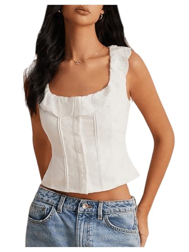 SOLY HUX Women's Button Front Ruffle Scoop Neck Sleeveless Crop Tops Summer Blouse