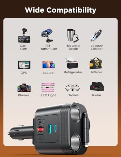 Image of Cigarette Lighter Splitter, Dual Socket Cigarette Lighter Adapter with Retractable Cable, Double 30W PD & QC 3.0, 12V /24V Car Charger Splitter for iPhone 17 Pro Max /16 /15 /14 /Samsung /Dash Cam /GPS