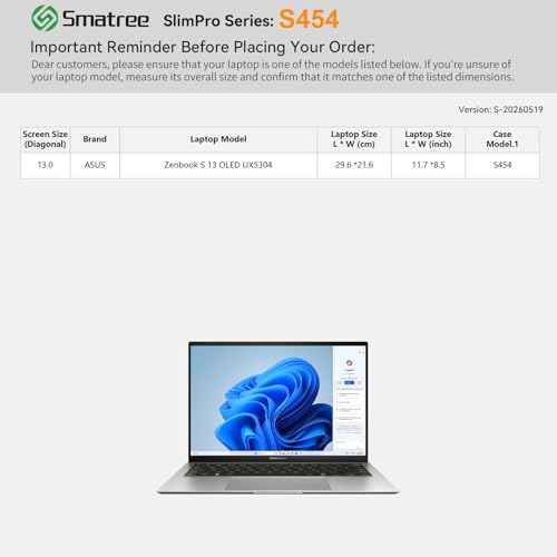 Image of Smatree SlimPro Laptop Case for 13 inch ASUS Zenbook S 13 OLED UX5304 | Compatible for 13 inch ASUS Zenbook S 13 OLED UX5304, Case with Swift-Access Accessory Pocket (S454)