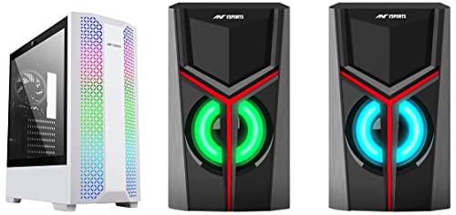 Image of Ant Esports ICE-280TGW Mid Tower Plastic Computer Case I Gaming Cabinet -White Supports ATX, Micro-ATX & GS100 2.0 Multimedia Aux Connectivity, USB Powered and Volume Control Gaming Speaker (Black)