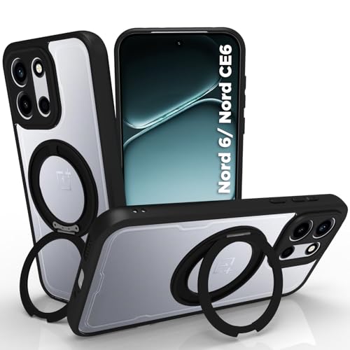 Image of RIGGEAR Shockproof Sleek Hybrid Armor 360 Rotating Magnetic Ring Stand Back Cover Case Compatible with MagSafe Accessories for OnePlus Nord 6 5G / Nord CE 6 5G (Clear PC + Black TPU Bumper)