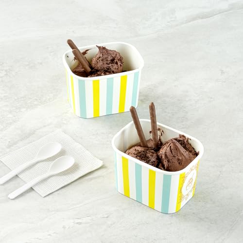 Image of Restaurantware Paper Cups 200 Count 12 Ounce Square Disposable Ice Cream Containers, Leak-Resistant Paper Dessert To Go Cups, Hot And Cold Food, Durable Blue And Green Stripe, Lids Sold Separately