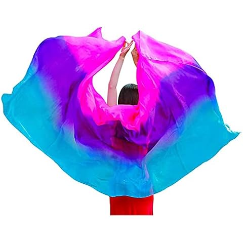 Nimiman Women 100% Real Silk Belly Dance Veils Dancing Hand Scarves Gradual Color Adult Size (Turquoise purple rose) Cover