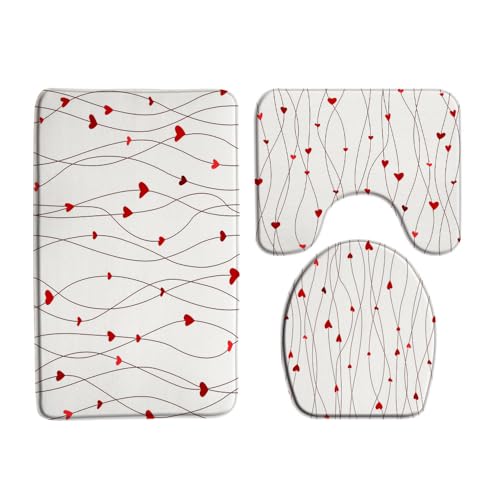 VPUPCN Valentine's Day 3 Pcs Bath Rugs Set,Red Heart Geometric Striped Sweet Love Romantic Couple Woman Girl Bathroom Kitchen Rug with 16