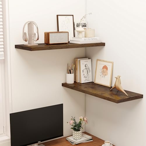 Image of Dreamland 36 inch Floating Shelves for Wall, 12 inch Deep Slim Rustic Brown Floating Shelves, Wall-Mounted Shelves for Bedroom, Living Room, Kitchen, Bathroom - Set of 2
