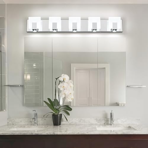 Image of SOLFART Vanity Lights for Mirror LED Modern Gloss Chrome Bathroom Lighting Fixtures Over Mirror Dimmable 5 Lights