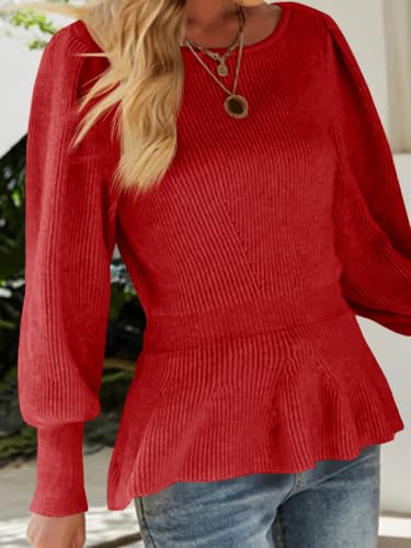 Image of Womens Fall Puff Sleeve Peplum Casual Slim Fit Knit Pullover Sweater Jumper Tops