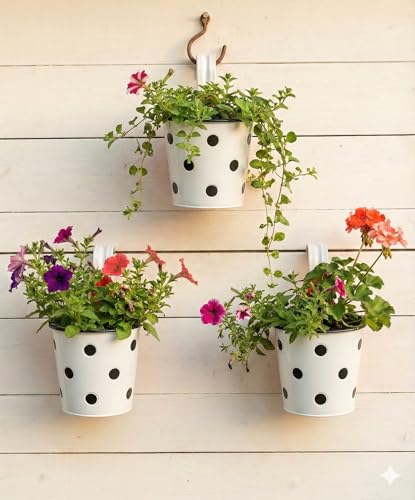Image of Premium Hook Planter with Inner Pot | Polka Dot Hanging Planter for Balcony & Railings | Sturdy Plastic | Built-in Drainage | Vibrant Colours | Indoor & Outdoor Gardening (3 Pot, White)