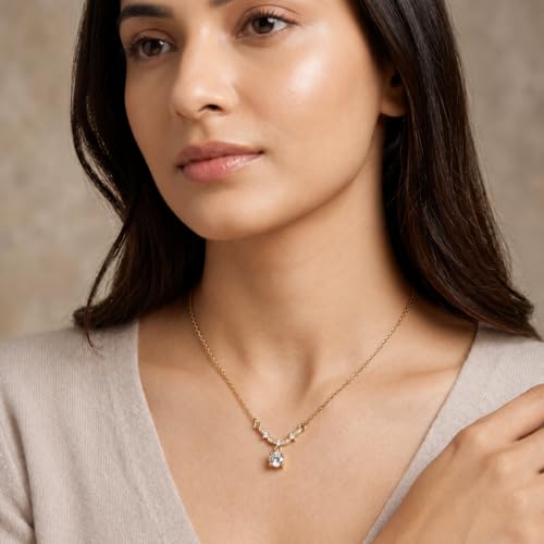 Image of gold plated diamond pendant necklace for women girls | stylish dainty drop chain necklace | anti tarnish minimalist daily jewelry | elegant aesthetic gift for wife, girlfriend, mother, sister