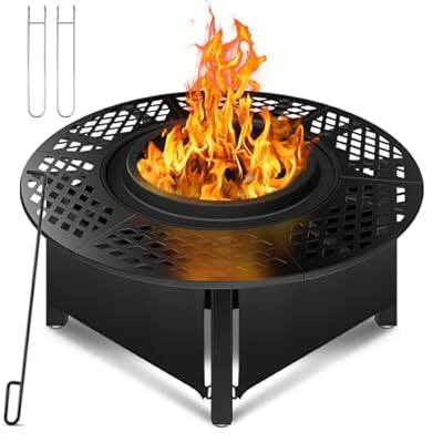 hykolity 40 inch Smokeless Fire Pit Surround Table, 3 in 1 Outdoor Fire Pit with Side Table& Grill.Fueled by Pellets or Wood.Outdoor Smokeless FirePit with Stove,for Patio, Backyard, Camping