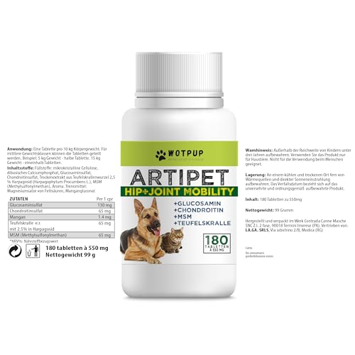 Gelenktabletten Hund - 180 hochkonzentrierte Tabletten mit MSM, Teufelskralle, Chondroitin und Glucosamin. Entzündungshemmend für Hunde, ideal zur Bekämpfung von Arthritis und Arthrose.
