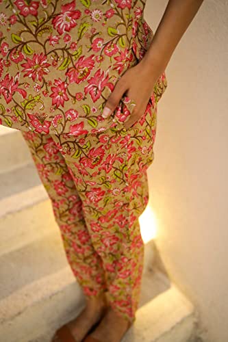 Image of SANSKRUTIHOMES Women's Premium 100% Cotton Printed Co-Ord Set | Short Sleeve Shirt & Pant Set | Pink Checkered Sun & Palm Tree Print | Casual Summer Resortwear, Vacation Wear & Comfortable Loungewear