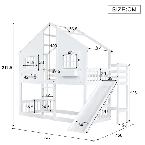 Kinderbett Etagenbett 90x200, Hochbett Hausbett mit Rutsche&Leiter&Fenstern&Dach&Aufbewahrungsbox, Stockbett Doppelbett Holzbett Jugendbett mit Lattenrost&Rausfallschutz, Kiefer, Ohne Matratze, Weiß