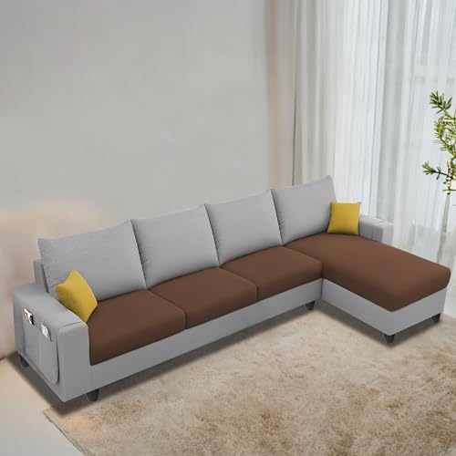 Image of Casaliving Porto RHS 4 Seater L Shape Sofa Set for Living Room (Brown Grey Fabric) Premium Velvet Fabric Sofa Set