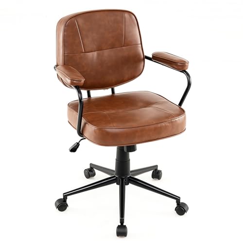 COSTWAY Silla Oficina de Cuero Artificial, Silla Escritorio Tapizada con Respaldo Reclinable, Reposabrazos Acolchados, Chair Giratoria Ajustable en Altura, Carga 130kg, 63 x 58 x 85-93 cm