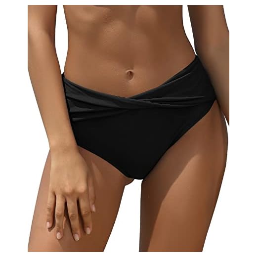 SHEKINI Damen Badeanzug Verdrehte Dekoration Badeshorts Hohe Taille Abdominal Kontrolle Bikinihose Volltonfarbe Retro Tankini Badehose Bikini Höschen (L,Schwarz C)