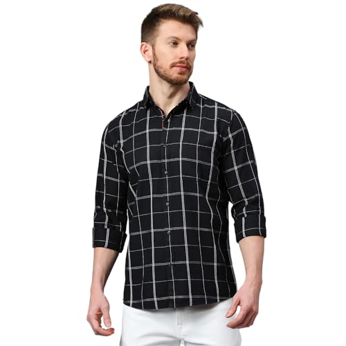 Image of Klub Fox Mens Checked Slim Fit Cotton Casual Shirts with Spread Collar & Long Sleeves