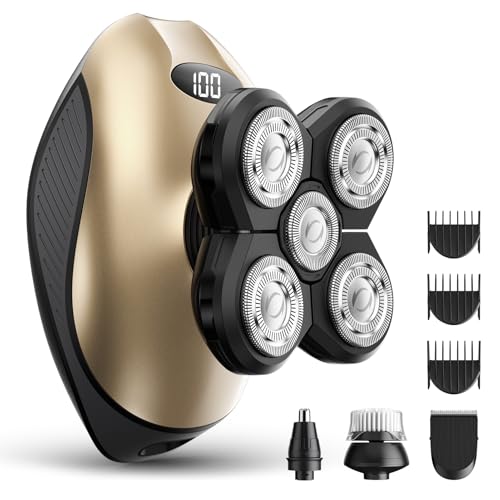 Image of Electric Razor for Men, Head & Body Hair Shaver for Men, Cordless Rechargeable Wet /Dry Bald Head & Groin Waterproof Razor with Rotary Blades,Clippers, Beard Trimmer,Nose Trimmer, Brush (Golden)