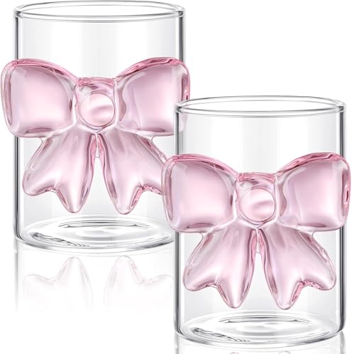Image of FUNKYFINDS 2 Pcs Cute Pink Bow Glass Cups 8oz Coquette Champagne Fashioned Glasses Clear Reinforced Stems and Romantic Pink Bow for Weddings Engagements Party Gifts, Bow Juice Glass Cups