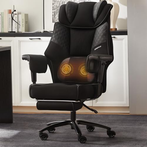 Image of Dowinx Big and Tall Office Chair with Massage Lumbar Support,Executive Office Chair with Wide Thick Seat Cushion and Adjustable Armrest,Mesh Computer Gaming Chairs with Footrest,Black