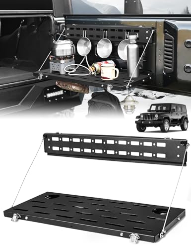 JROAD No-Drill Tailgate Table for Jeep Wrangler JK 2007-2018 Foldable Jeep JK Tailgate Storage Cargo Rack with MOLLE Panel Heavy Duty 88 lbs Capacity Not Fit Trunk with Factory Subwoofer