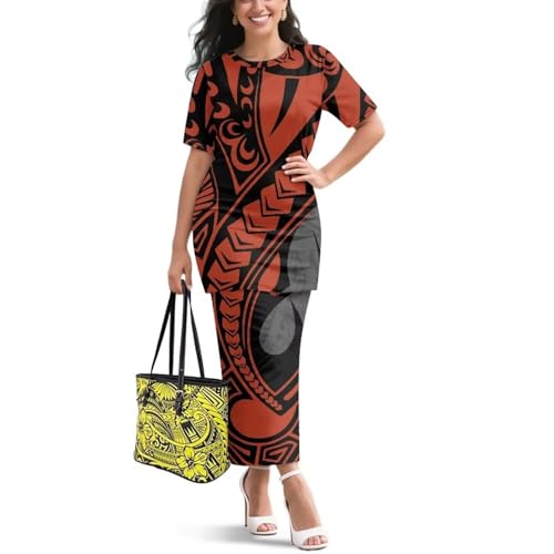 Image of Puletasi Samoan Traditional 2 Piece Outfits for Women Short Sleeve Crop Top and Maxi Skirt Sets Puletasi Dress