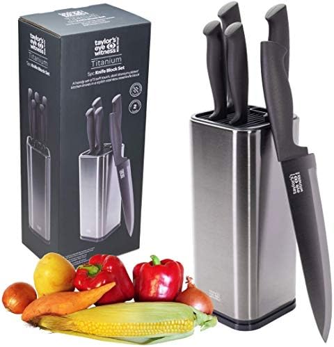 5pc Titanium Block and Knives Set - by Taylors Eye Witness. Titanium Nitride Plated Blades. Paring, All-Purpose, Carving, Bread & Chef's Knives. Soft Grip Handles. Dark Metallic Stainless Steel stand.
