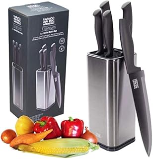 5pc Titanium Block and Knives Set - by Taylors Eye Witness. Titanium Nitride Plated Blades. Paring, All-Purpose, Carving, Bread & Chef's Knives. Soft Grip Handles. Dark Metallic Stainless Steel stand.