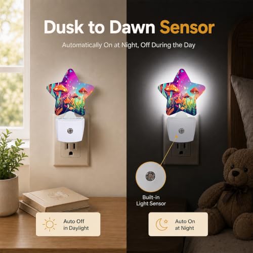 Image of Magic Mushrooms Star Night Light Plug in, Decorative Night Light for Kids Room Nursery Bedroom, Soft Glow Sensor Lamp for Hallway Bathroom, Compact Energy Saving